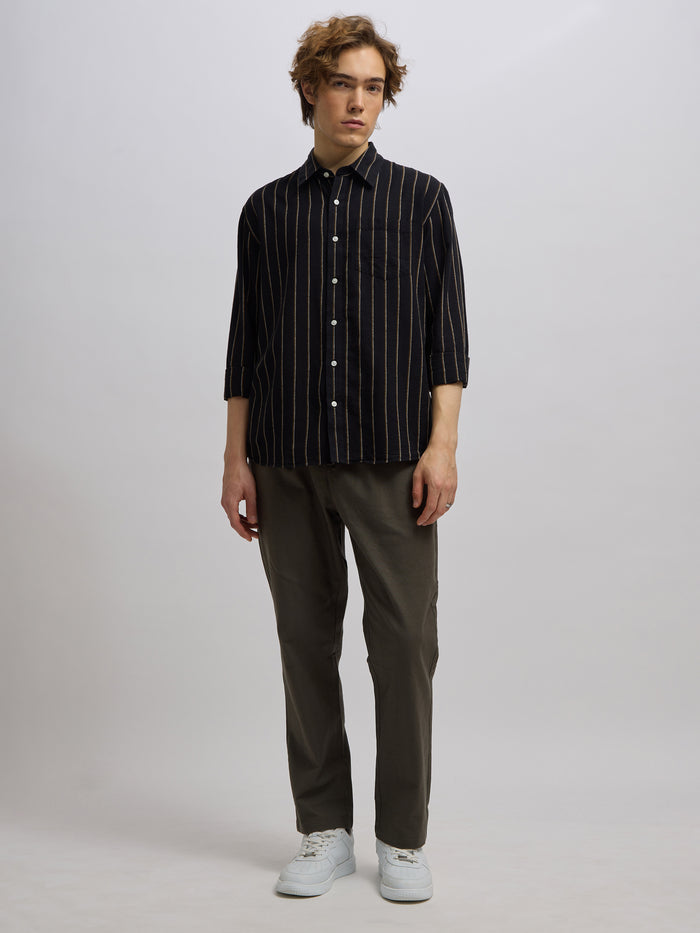 Men's black full sleeve shirt with  vertical stripes, made from cotton and linen blend – ideal for formal and semi-formal occasions