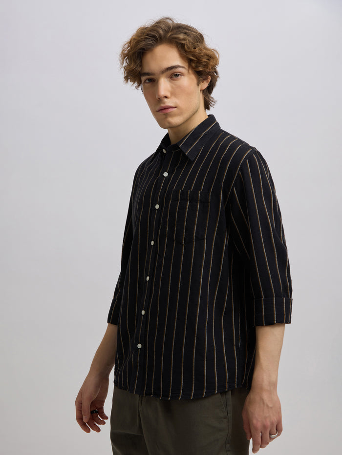 Men's black full sleeve shirt with  vertical stripes, made from cotton and linen blend – ideal for formal and semi-formal occasions
