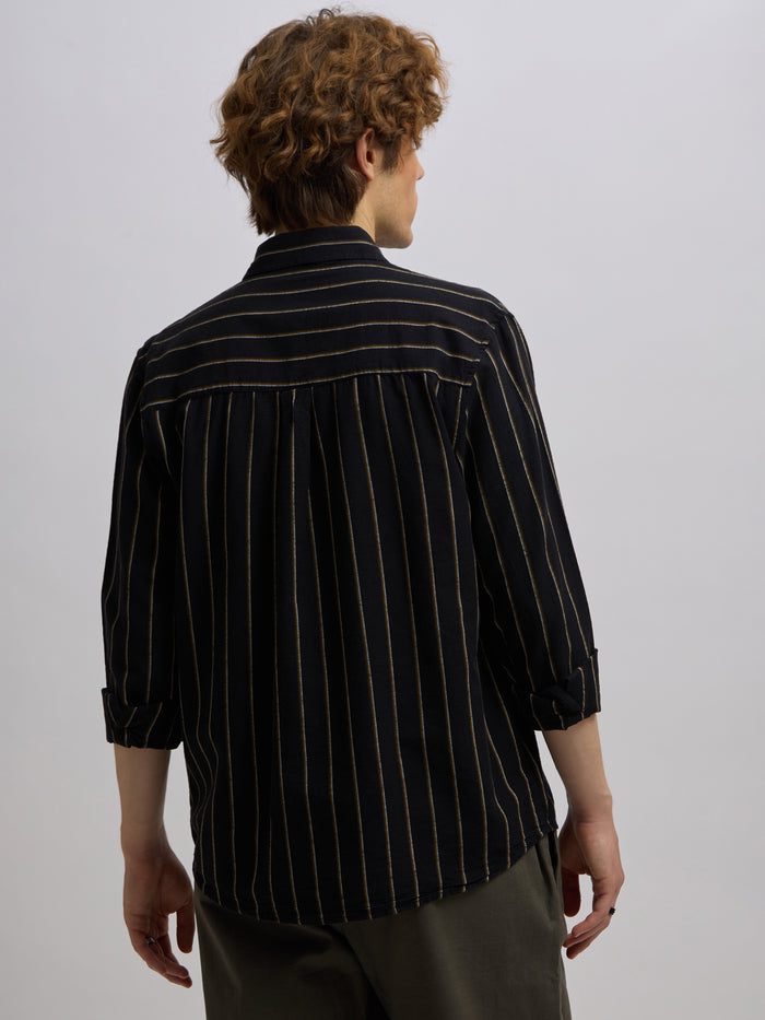 Men's black full sleeve shirt with  vertical stripes, made from cotton and linen blend – ideal for formal and semi-formal occasions