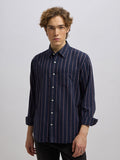 Men's navy blue full sleeve shirt with  vertical stripes, made from cotton and linen blend – ideal for formal and semi-formal occasions