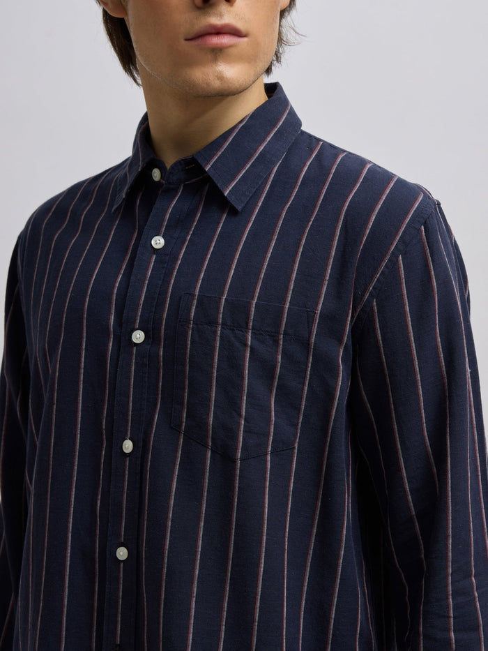 Men's navy blue full sleeve shirt with  vertical stripes, made from cotton and linen blend – ideal for formal and semi-formal occasions
