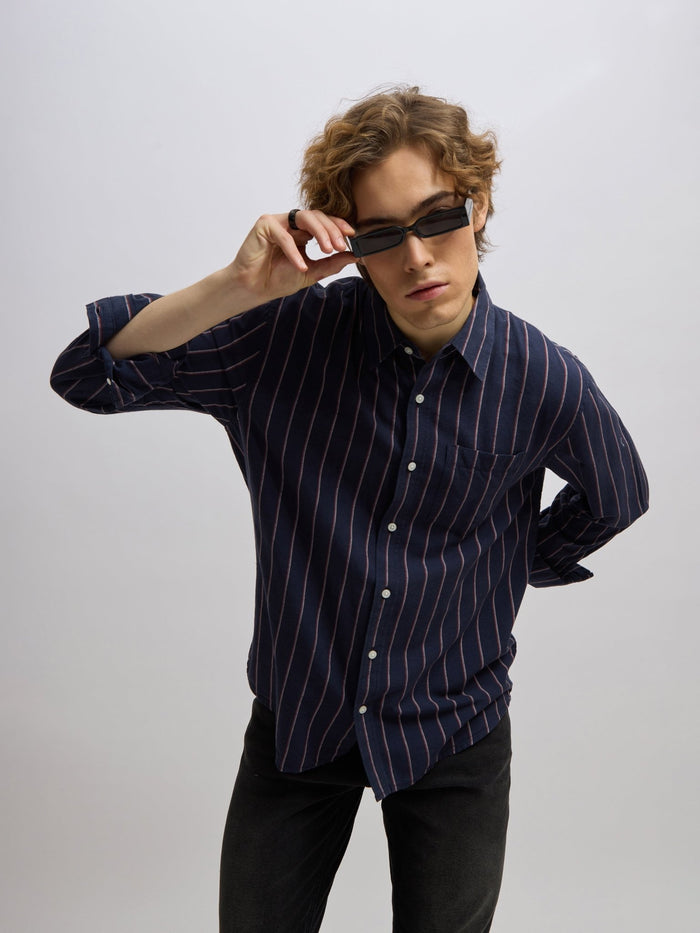 Men's navy blue full sleeve shirt with  vertical stripes, made from cotton and linen blend – ideal for formal and semi-formal occasions