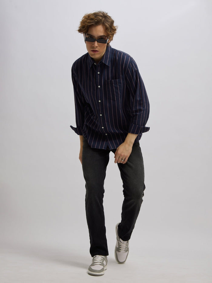 Men's navy blue full sleeve shirt with  vertical stripes, made from cotton and linen blend – ideal for formal and semi-formal occasions