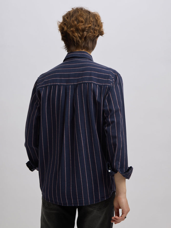Men's navy blue full sleeve shirt with  vertical stripes, made from cotton and linen blend – ideal for formal and semi-formal occasions