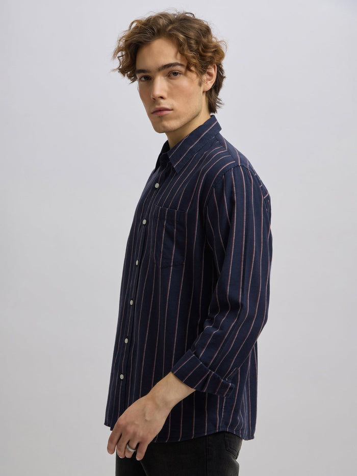 Men's navy blue full sleeve shirt with  vertical stripes, made from cotton and linen blend – ideal for formal and semi-formal occasions