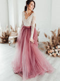 Mulberry Purple V-neck See-through Lace Top Tulle A-line Long Evening Dress with Long Sleeves, PD3144