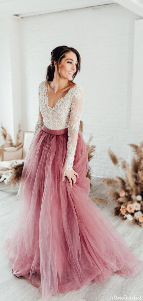 Mulberry Purple V-neck See-through Lace Top Tulle A-line Long Evening Dress with Long Sleeves, PD3144