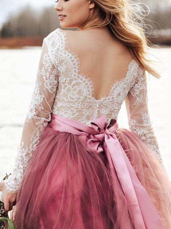 Mulberry Purple V-neck See-through Lace Top Tulle A-line Long Evening Dress with Long Sleeves, PD3144