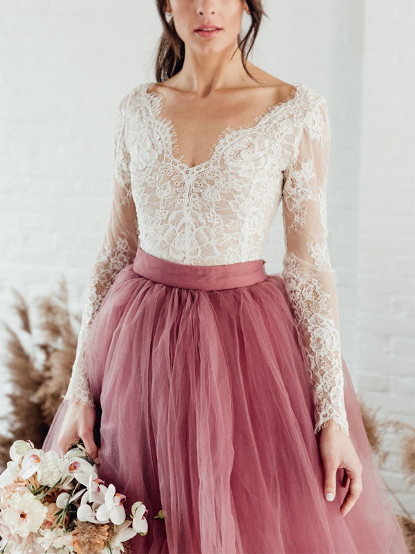 Mulberry Purple V-neck See-through Lace Top Tulle A-line Long Evening Dress with Long Sleeves, PD3144