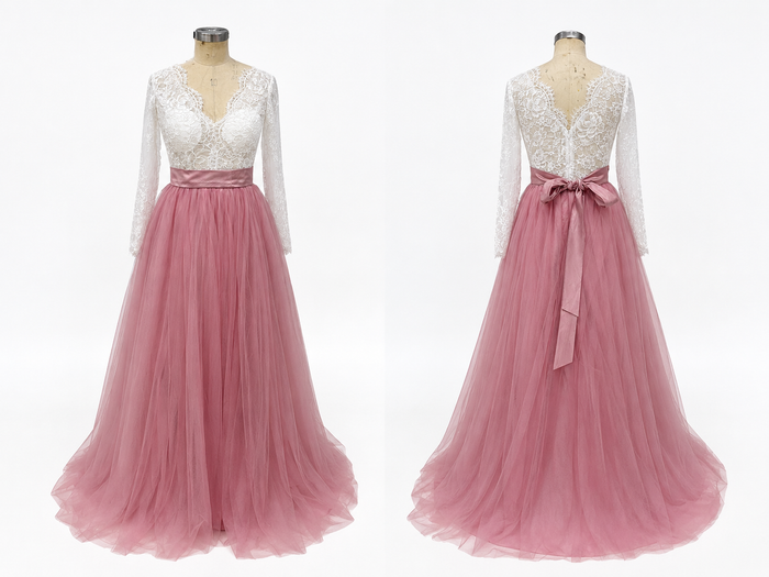 Mulberry Purple V-neck See-through Lace Top Tulle A-line Long Evening Dress with Long Sleeves, PD3144