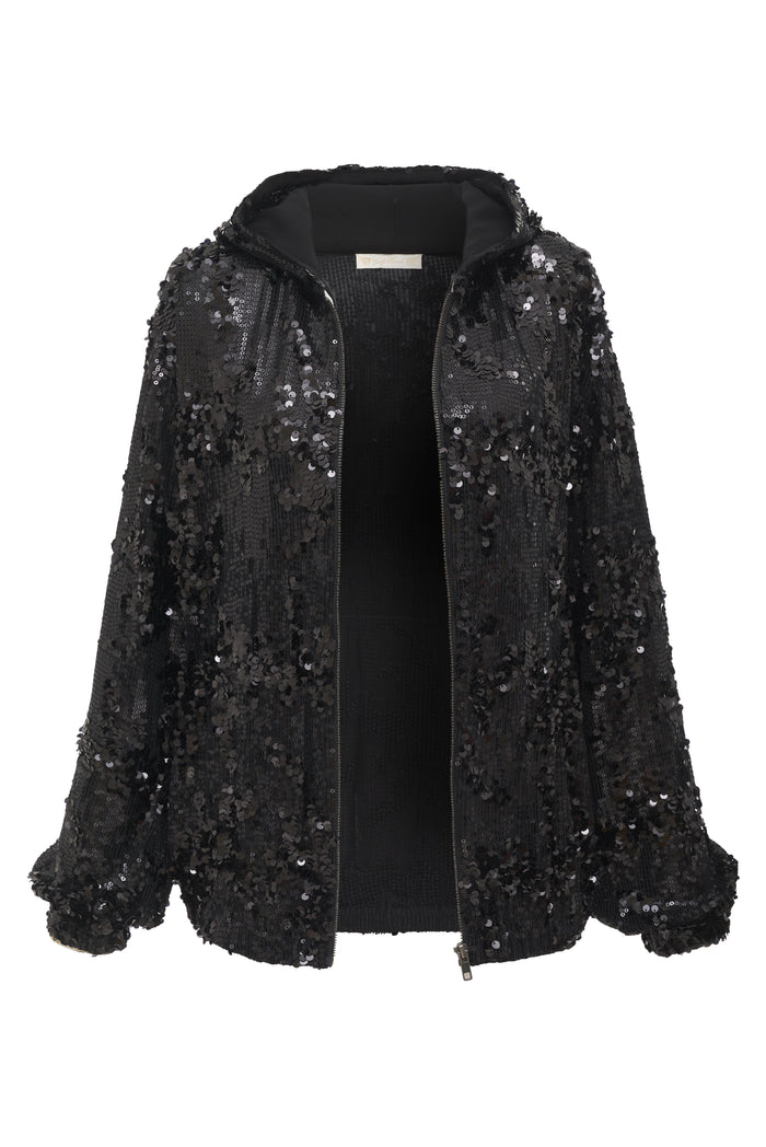 Now 60% OFF - Lexi Sequin Zipper Hoodie - Black