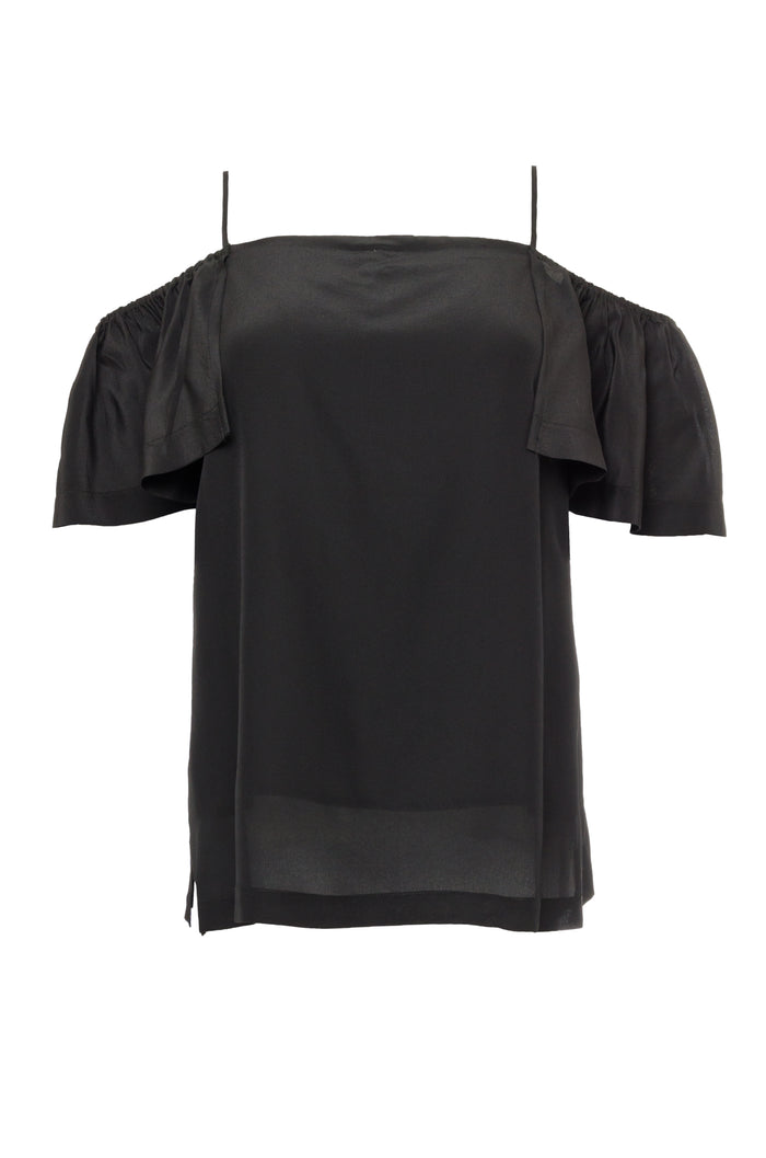 The Off- Shoulder Silk Cami Top in black.