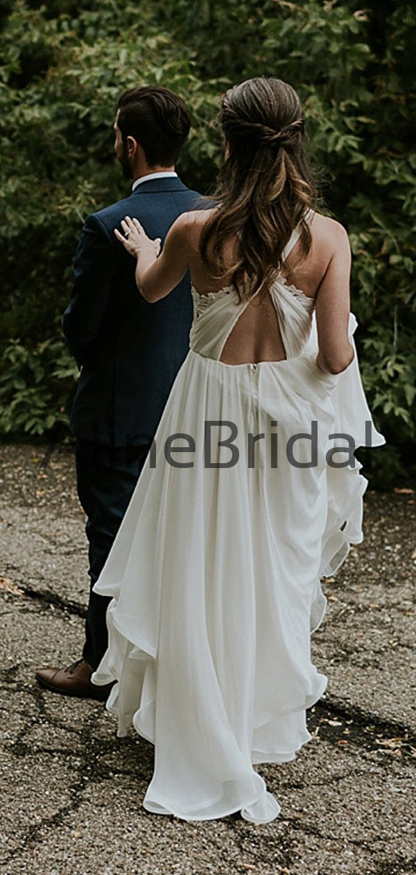 Off White Chiffon Open Back Sleeveless A-line Beach Wedding Dresses, AB1569