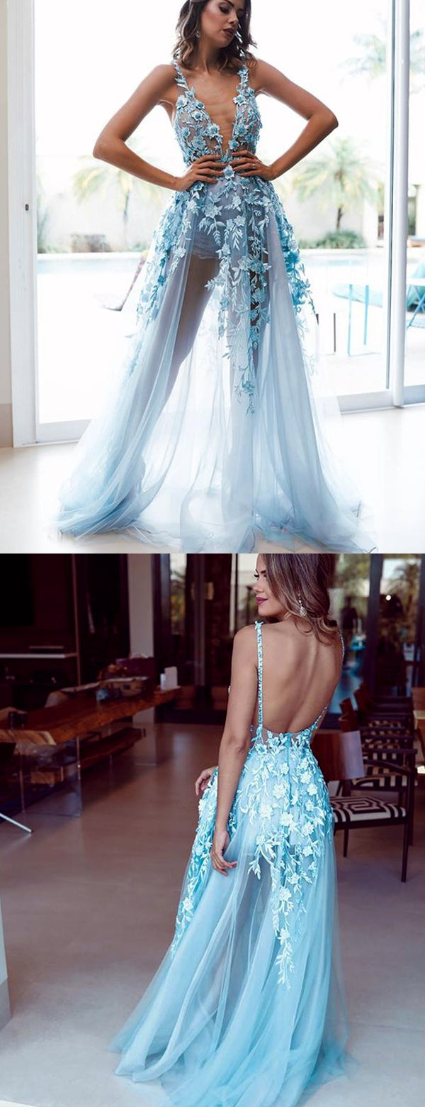 Pale Blue Tulle Lace Applique Illustion A-line Prom Dresses.PD00225