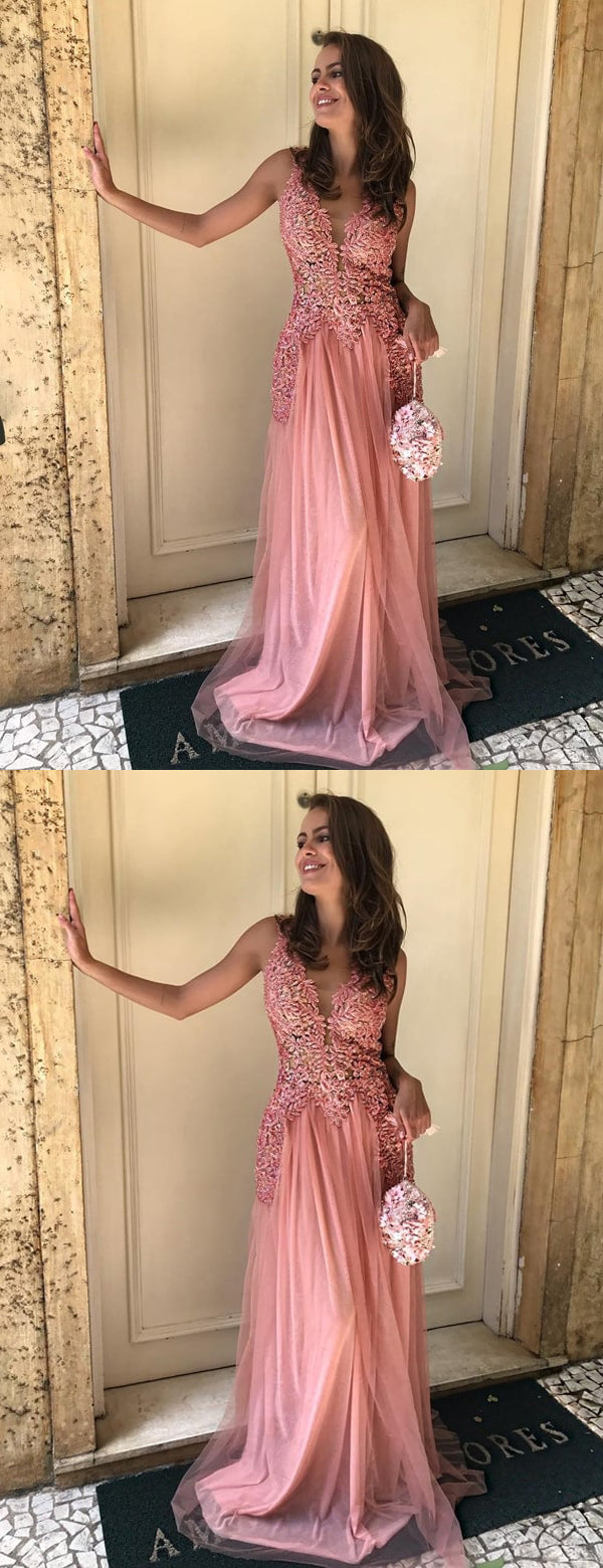Peach Lace Tulle Sleeveless V-neck Long Prom Dresses,PD00381