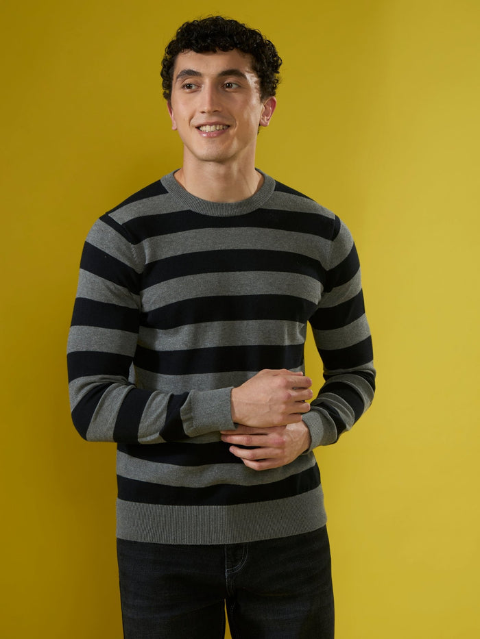 mens fullsleeve stripped sweater tee in black
