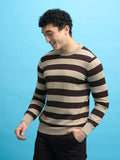 mens fullsleeve stripped sweater tee in dark brown