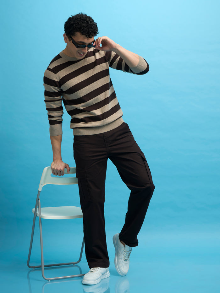 mens fullsleeve stripped sweater tee in dark brown