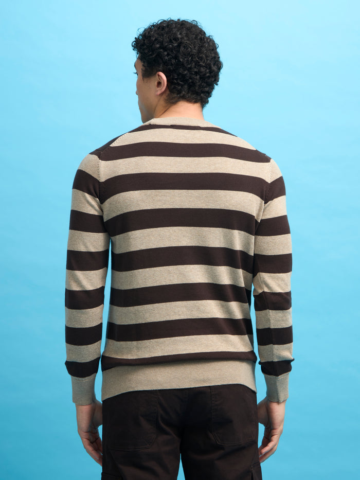 mens fullsleeve stripped sweater tee in dark brown