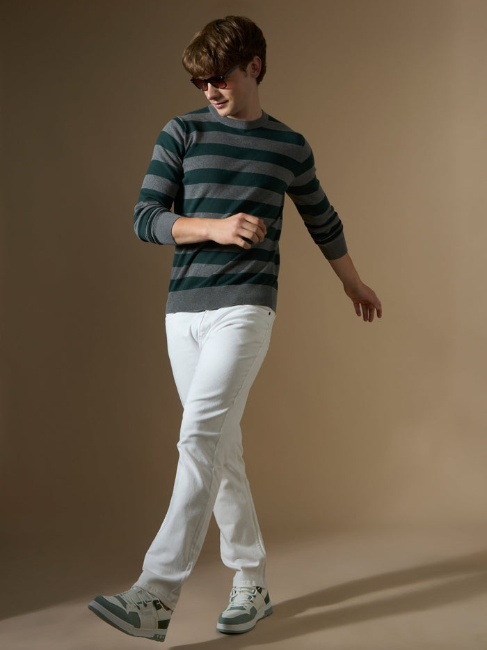 mens fullsleeve stripped sweater tee in green