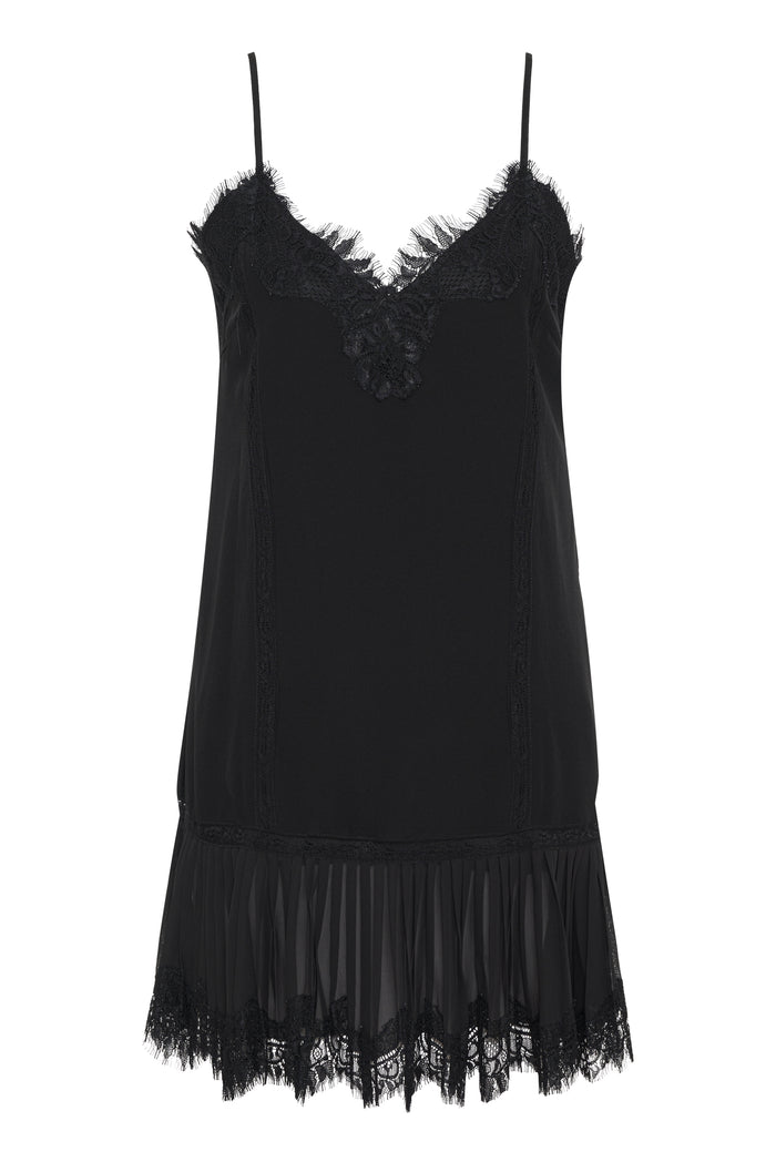 Pleated Lace Silk Dress Black