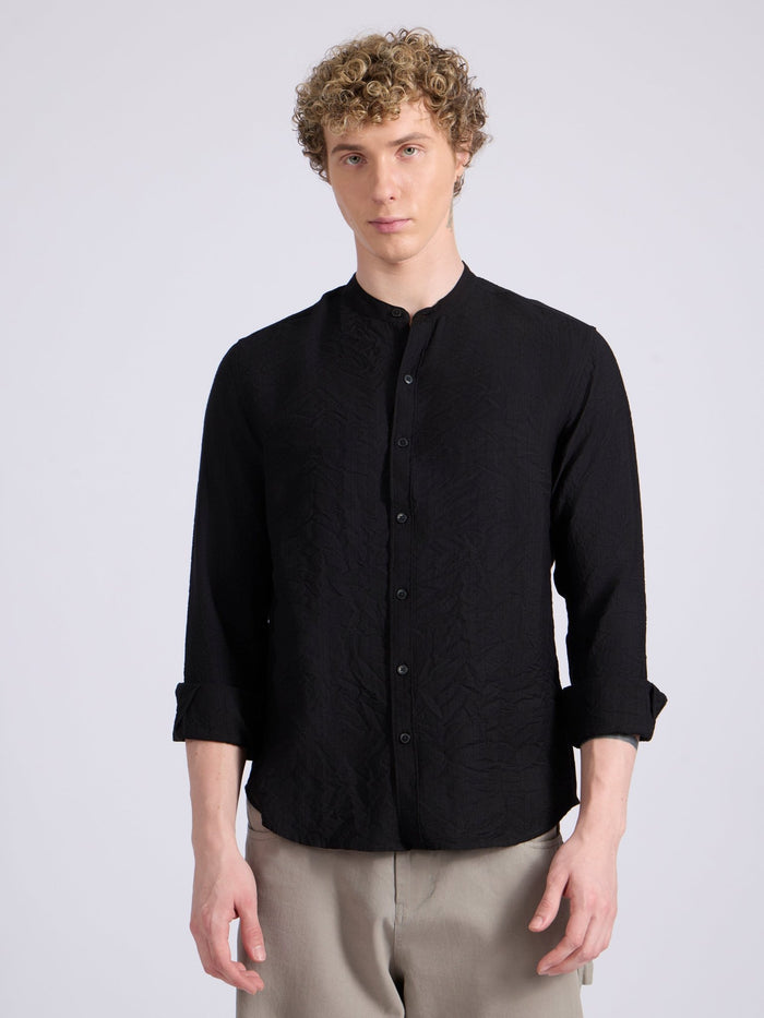 Pryor - Band Collar Plain Shirt - Black