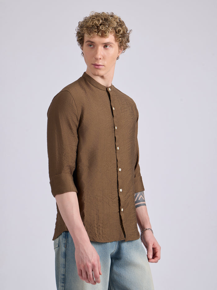 Pryor - Band Collar Plain Shirt - Dark Khaki