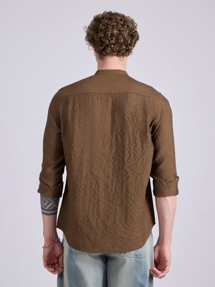 Pryor - Band Collar Plain Shirt - Dark Khaki