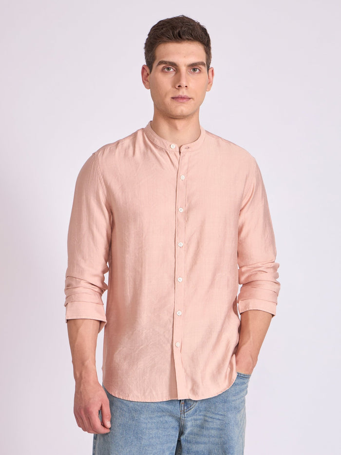 men's Mandarin Collar Plain Shirt - fawn
