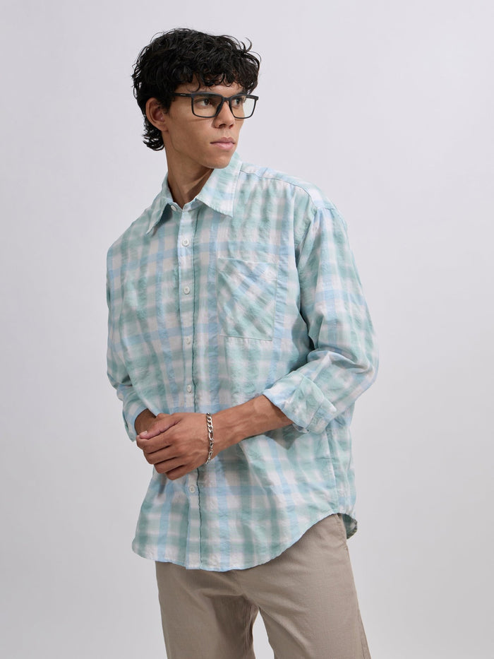 Men's Pulse Tee - Checks Shirt in mint blue color
