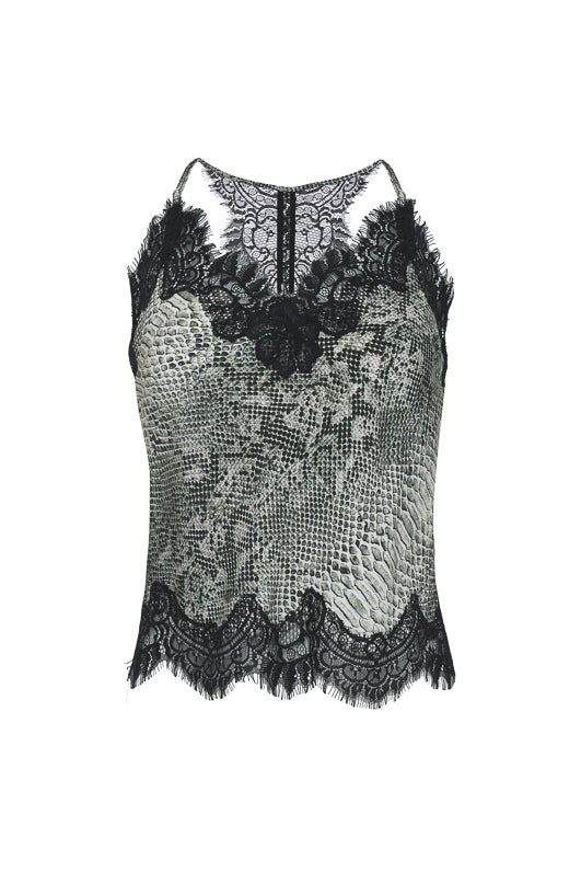 The Python Silk Print Racerback Lace Cami in grey python.