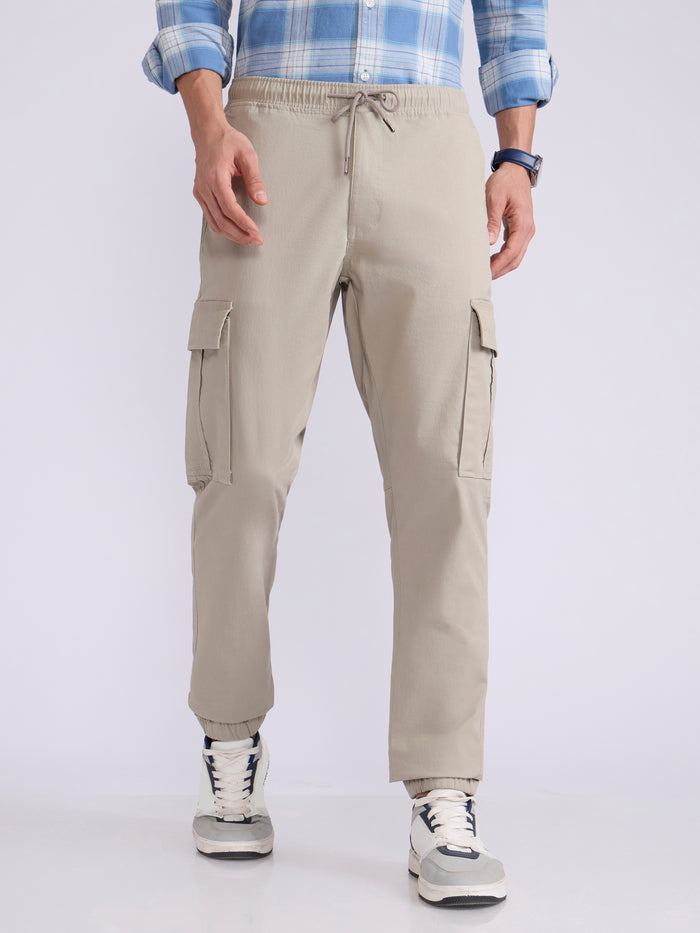 Men's jogger pant in beige with elasticated drawstring