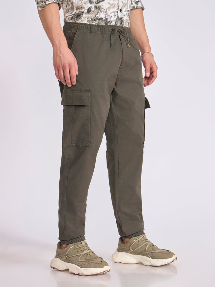 Men's jogger pant in olive green with elasticated drawstring