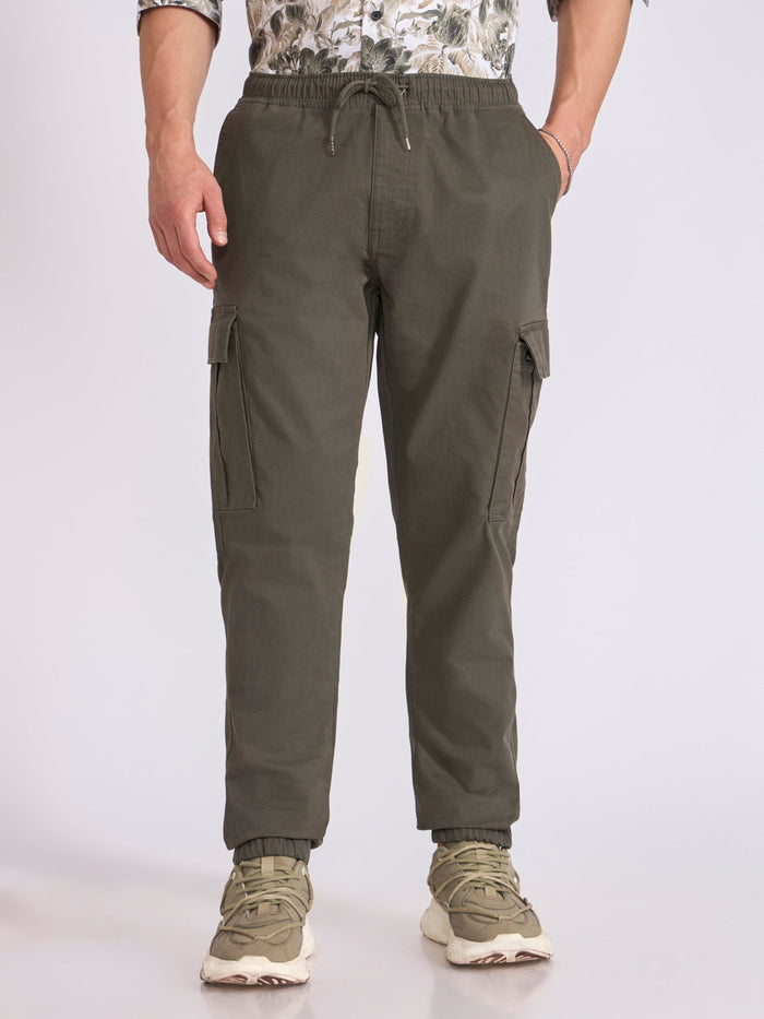 Men's jogger pant in olive green with elasticated drawstring