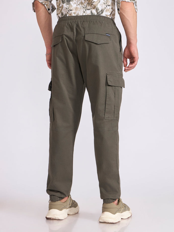 Men's jogger pant in olive green with elasticated drawstring