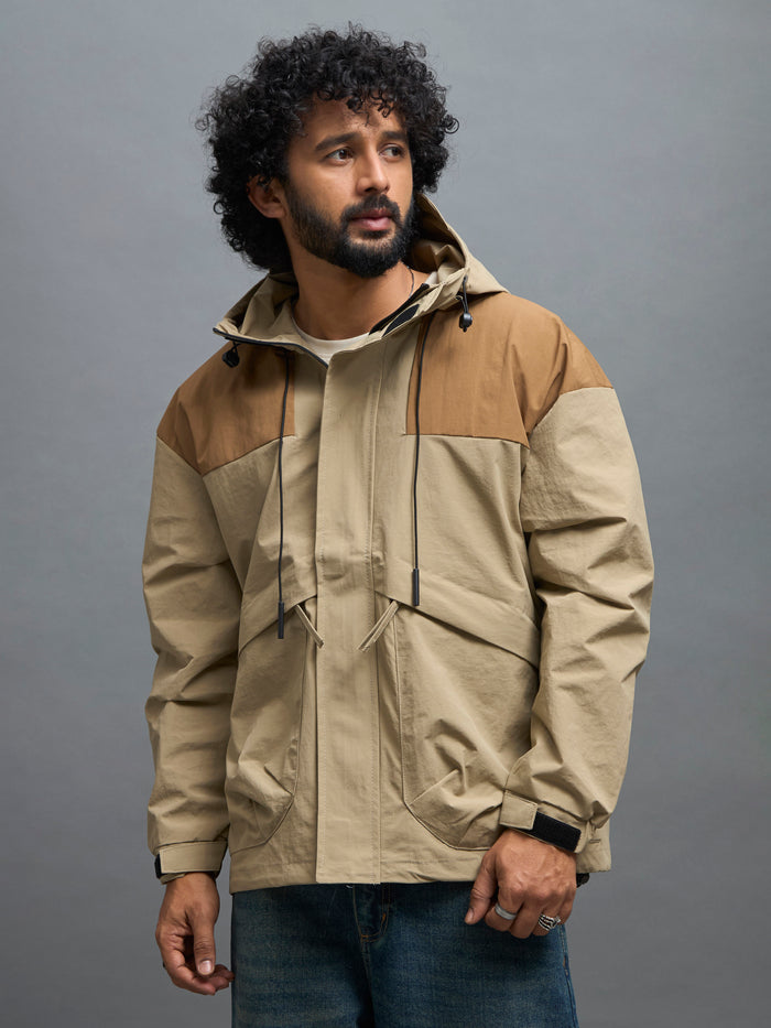 men's dark beige hooded nylon jacket made from nylon blend, lightweight and durable
lightweight jakcet for men