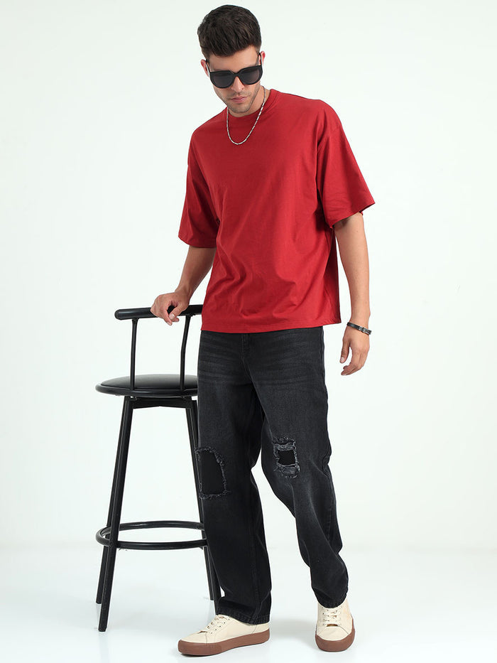 Red Baggy Fit Round Neck T-Shirt For Men's
