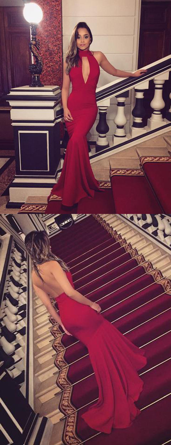 Red Jersey High Neck Halter Mermaid Backless Prom Dresses,PD00206