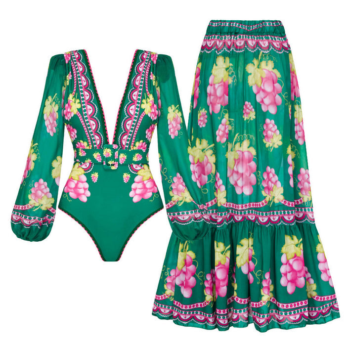 Retro Full Sleeves Swimsuit - Long Skirt Set - Green