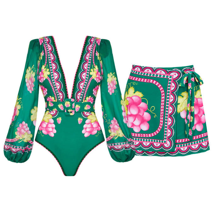 Retro Full Sleeves Swimsuit - Short Skirt Set - Green