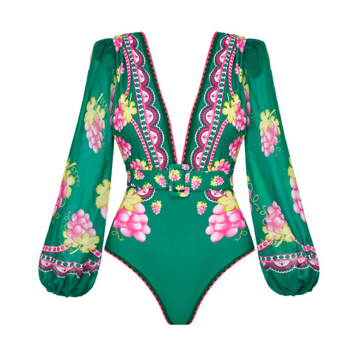 Retro Full Sleeves Swimsuit - Short Skirt Set - Green