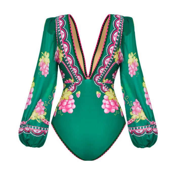 Retro Full Sleeves Swimsuit - Short Skirt Set - Green