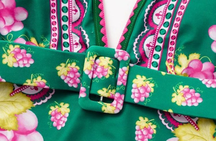 Retro Full Sleeves Swimsuit - Short Skirt Set - Green