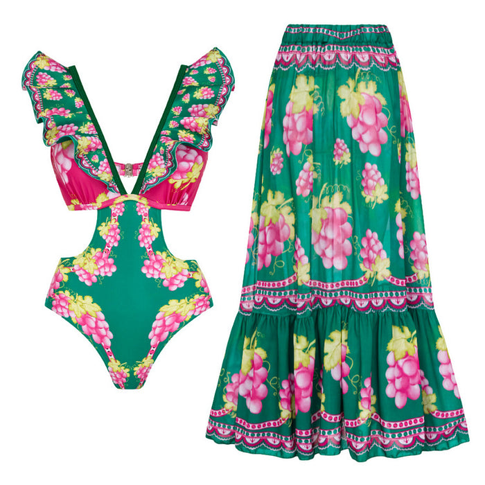 Retro Ruffle Monokini - Long Skirt Set - Green