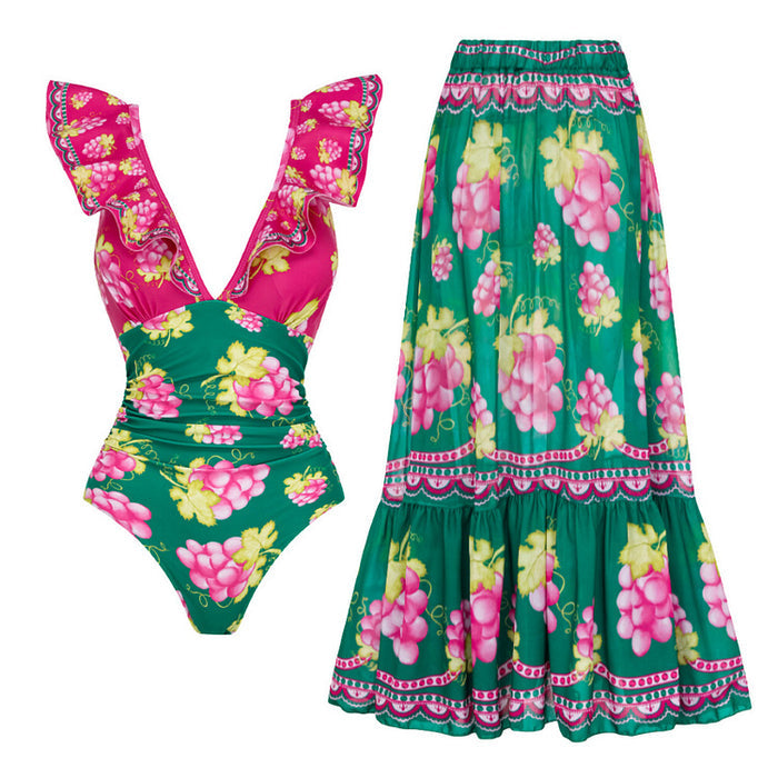 Retro Ruffle Swimsuit - Long Skirt Set - Green