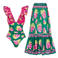 Retro Ruffle Swimsuit - Long Skirt Set - Green