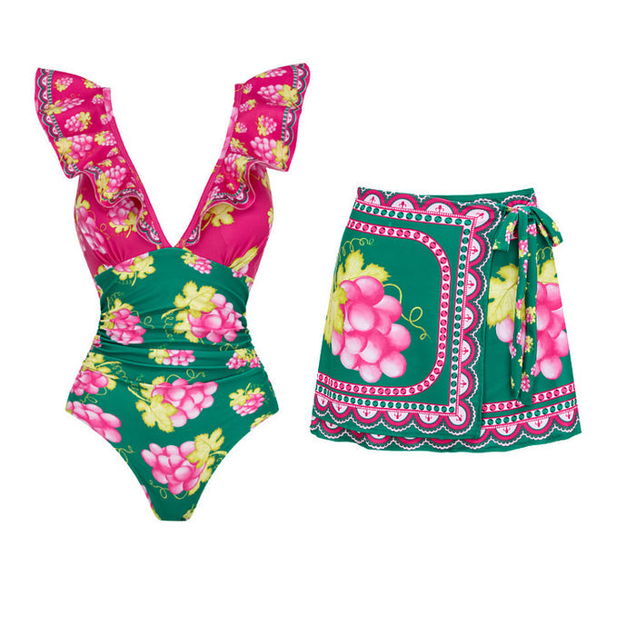 Retro Ruffle Swimsuit - Short Skirt Set - Green