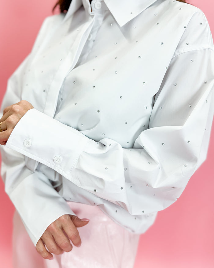 Rhinestone Poplin Cotton Rhinestone Studded Gem Sparkle Button-Up