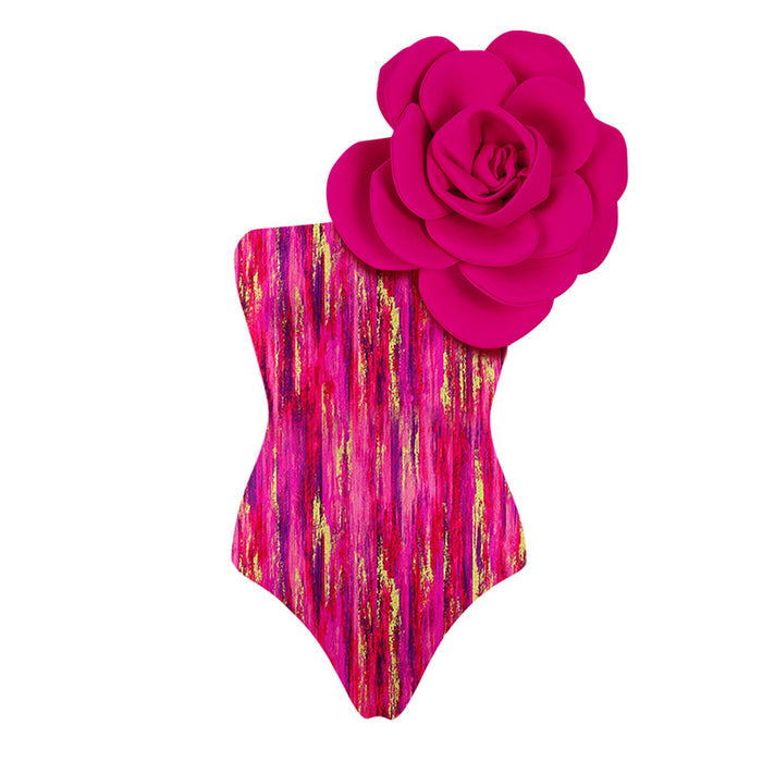 Rose Flame One-Shoulder Swimsuit  - Rose red