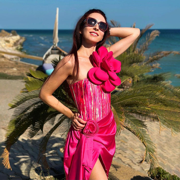 Rose Flame One-Shoulder Swimsuit Set - Rose Red
